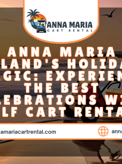 Golf cart rental on Anna Maria Island with a scenic beach view in the background.