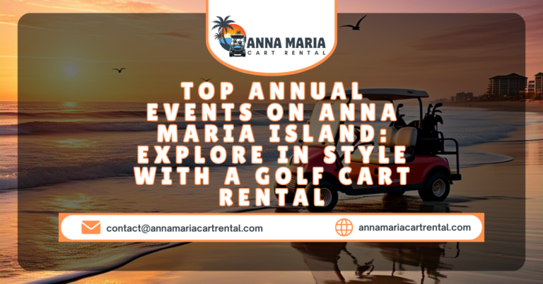 Golf carts lined up near a scenic beach on Anna Maria Island, perfect for exploring local events.