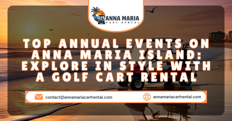 Golf carts lined up near a scenic beach on Anna Maria Island, perfect for exploring local events.